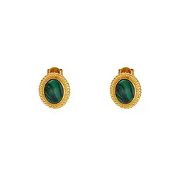 LUX JOYAS - Aros Baño Oro Amarillo 18k Pelotitas Piedra Malaquita