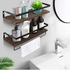 GENERICO - Set 2 Repisas Flotantes de Madera y Metal con Toallero Extraíble