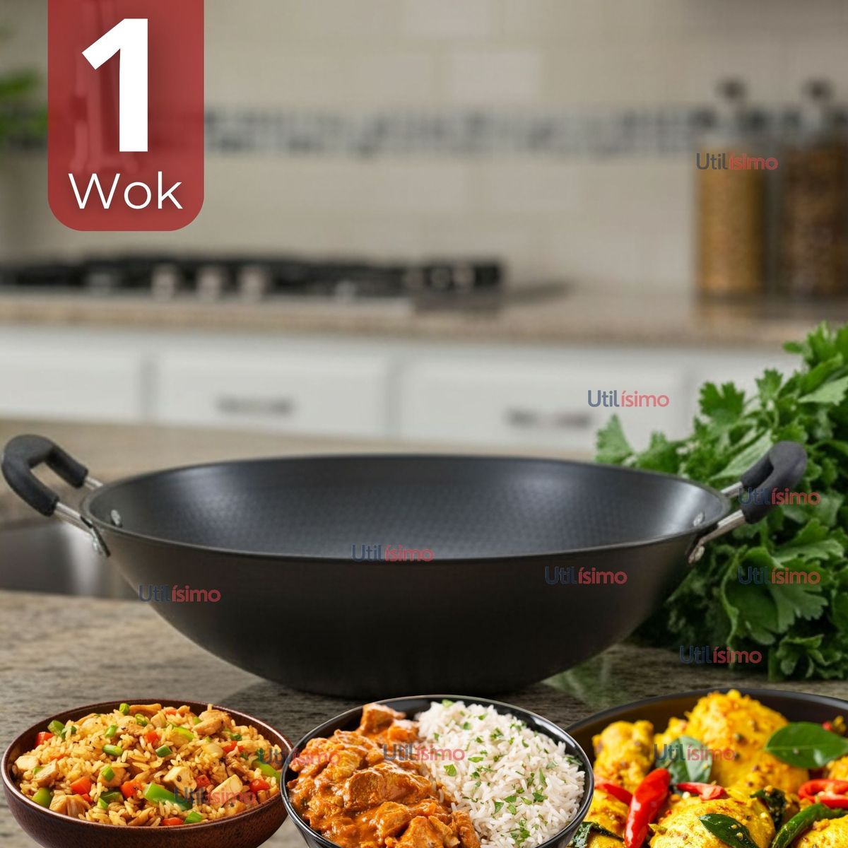 LINE - Wok Chino Acero Inoxidable Antiadherente 34cm Color Negro