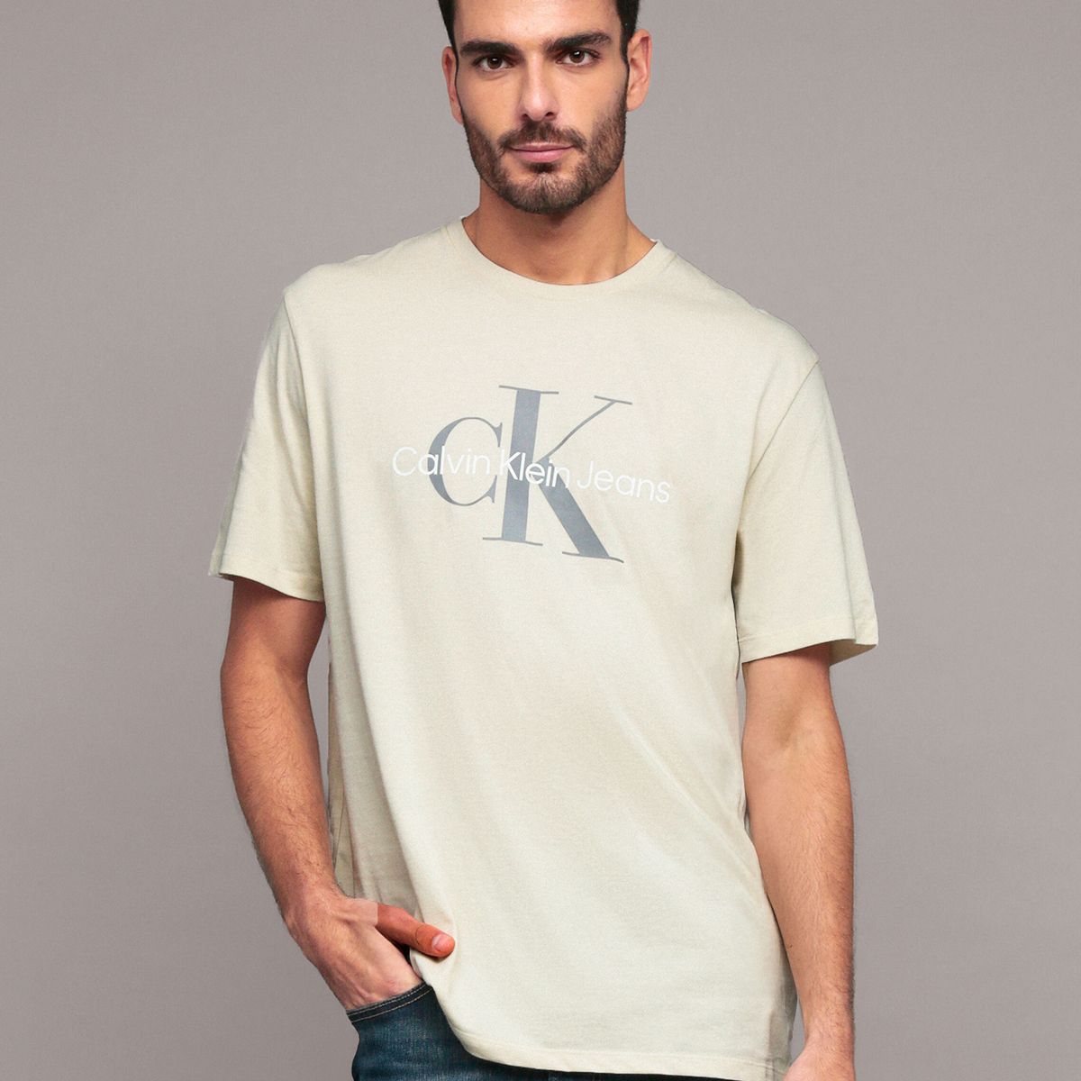 CALVIN KLEIN - Polera con monograma Beige Calvin Klein