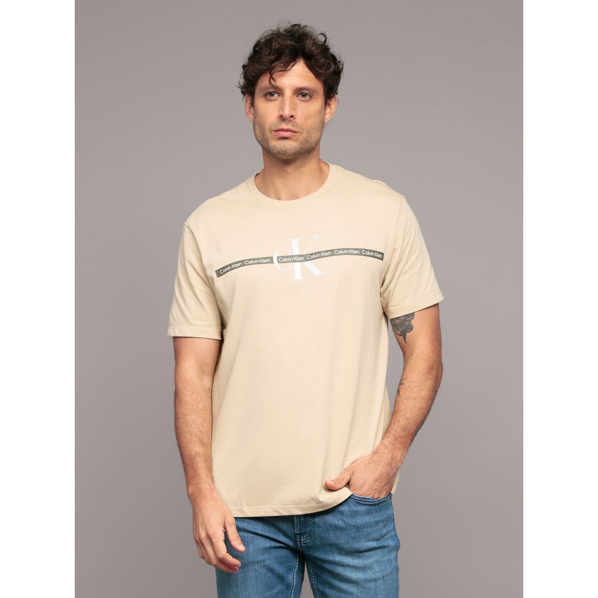 CALVIN KLEIN - Polera manga corta con cinta repetitiva Beige Calvin Klein