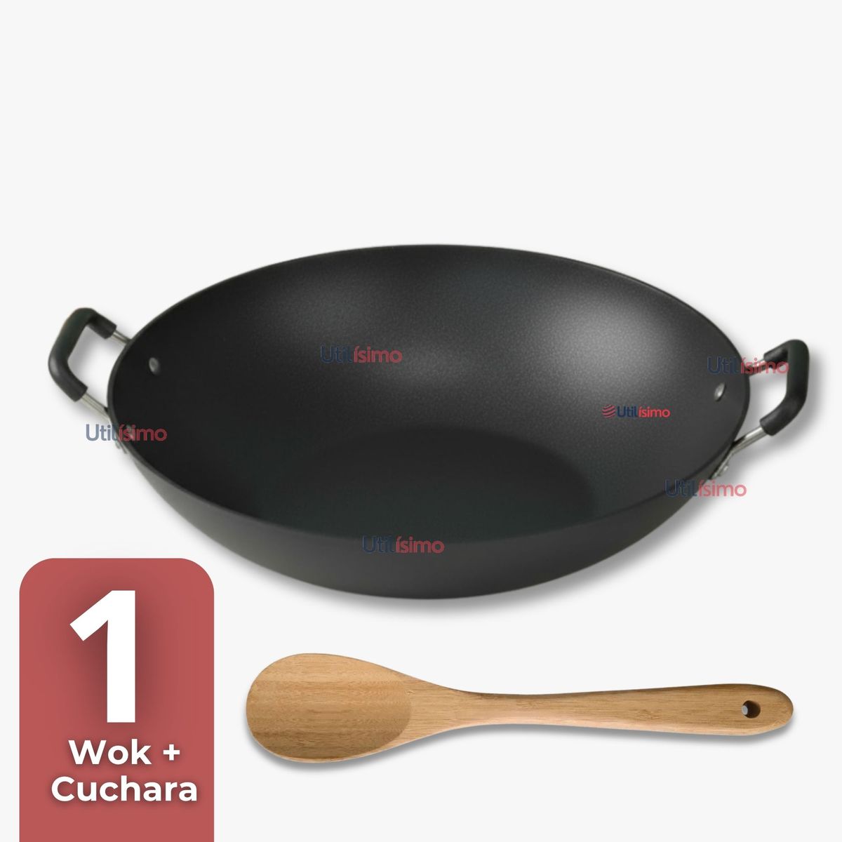 LINE - Wok Chino Acero Inox Antiadherente 34cm+ Cuchara de Madera de Bambú