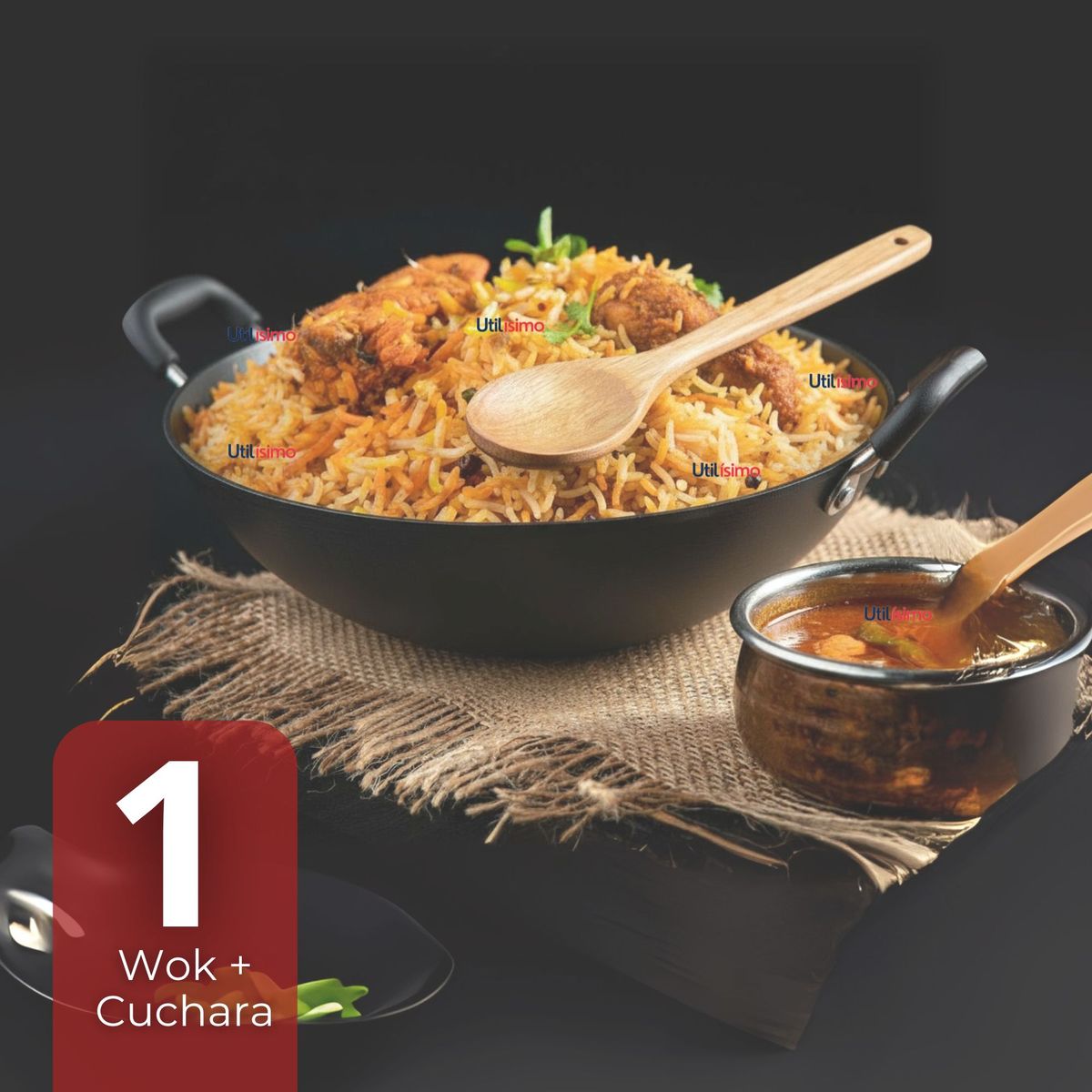 LINE - Wok Chino Acero Inox Antiadherente 34cm+ Cuchara de Madera de Bambú