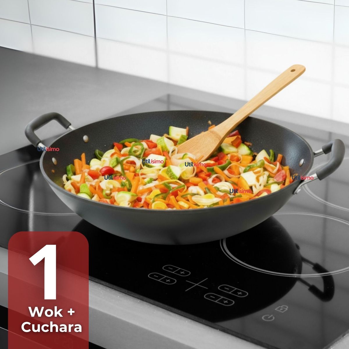 LINE - Wok Chino Acero Inox Antiadherente 34cm+ Cuchara de Madera de Bambú