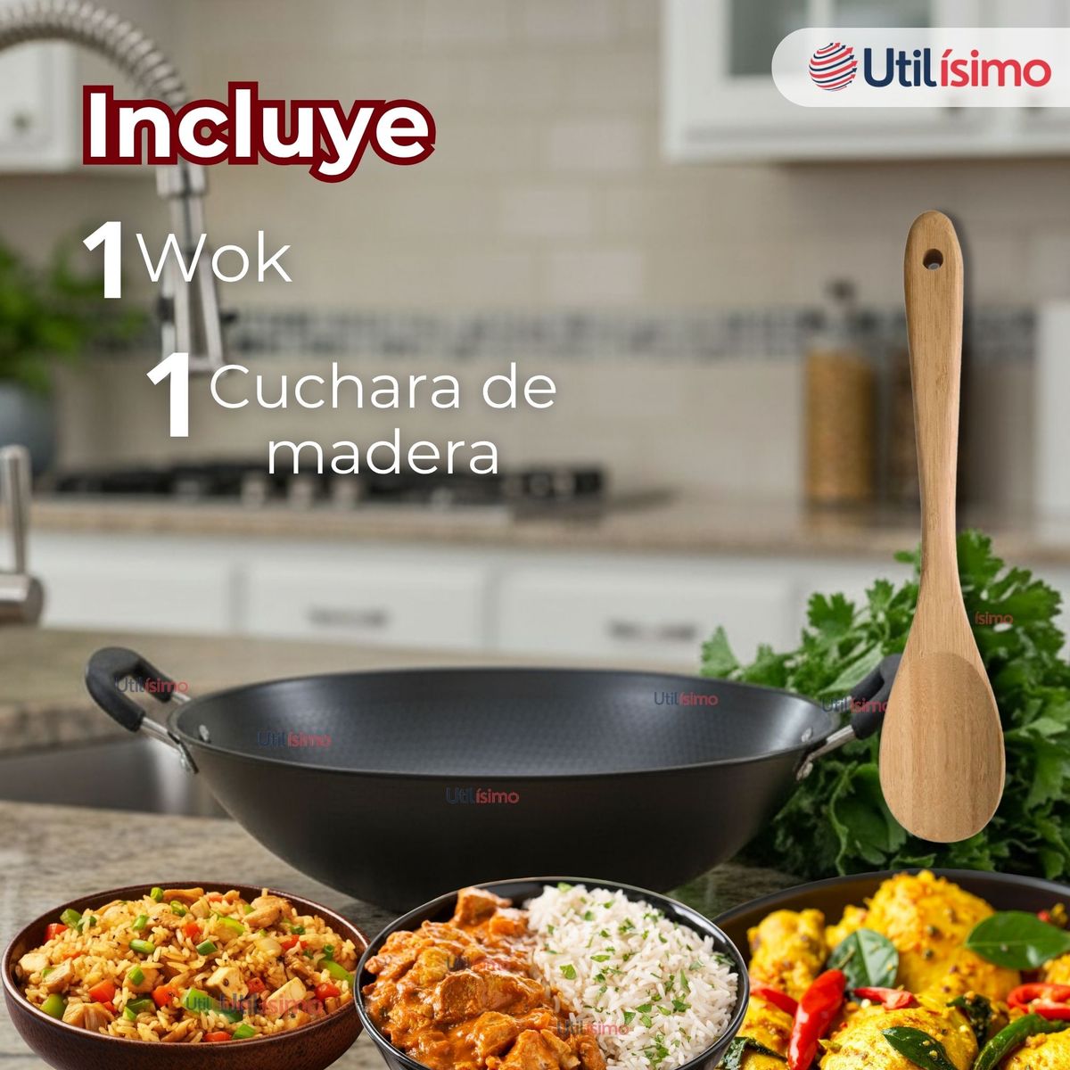 LINE - Wok Chino Acero Inox Antiadherente 34cm+ Cuchara de Madera de Bambú
