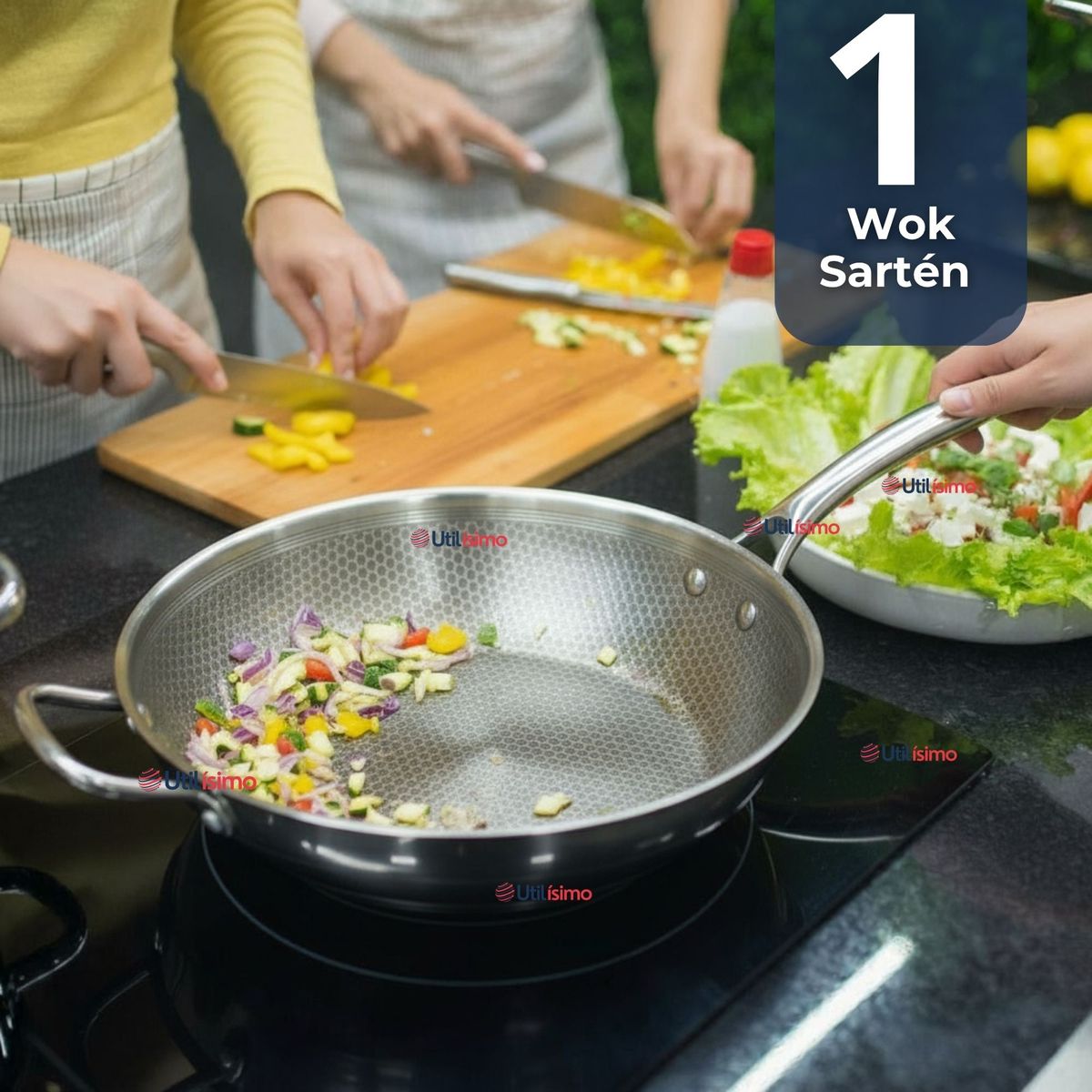 LINE - Sartén Wok Acero Inoxidable Antiadherente Para Saltear Freír 34cm