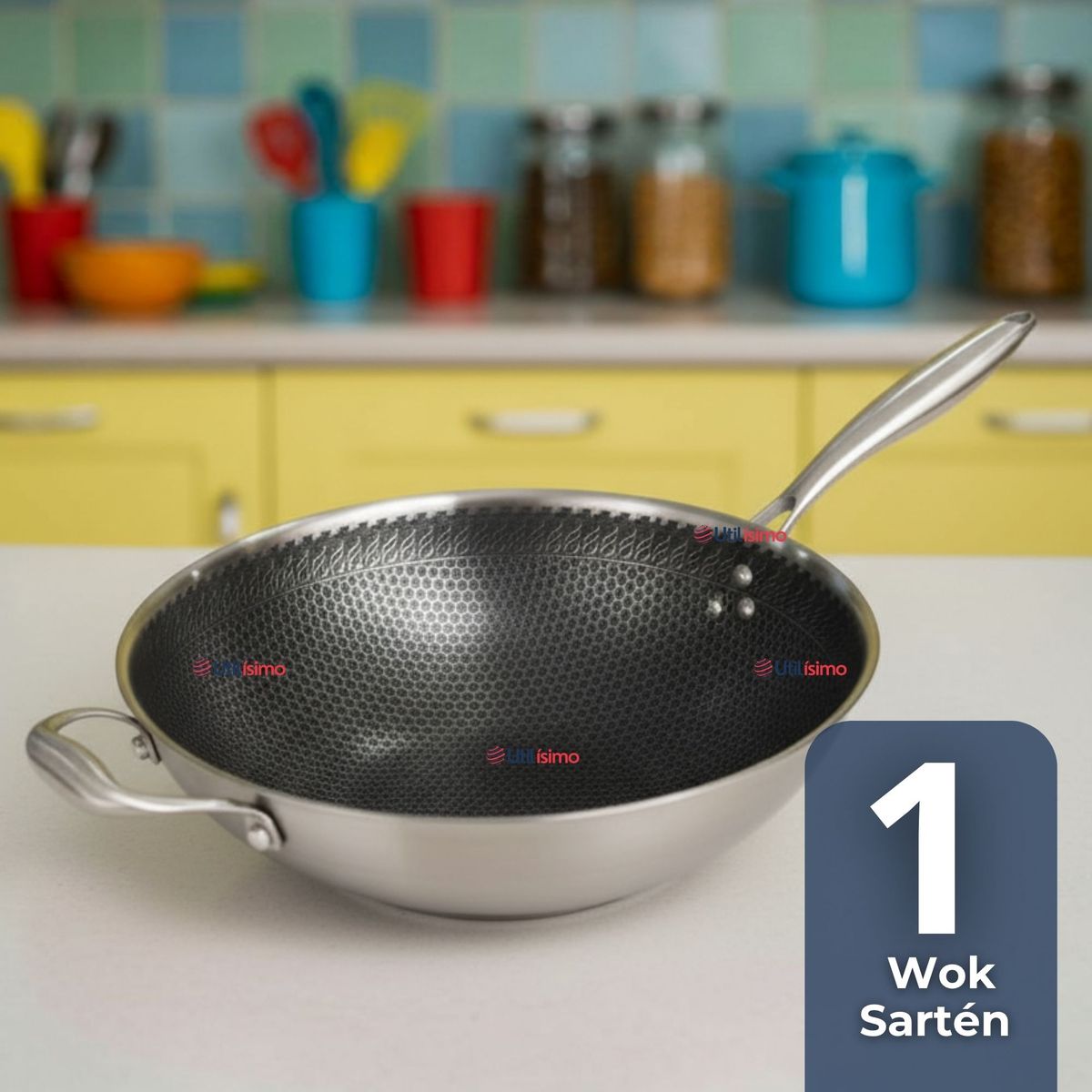 LINE - Sartén Wok Acero Inoxidable Antiadherente Para Saltear Freír 34cm