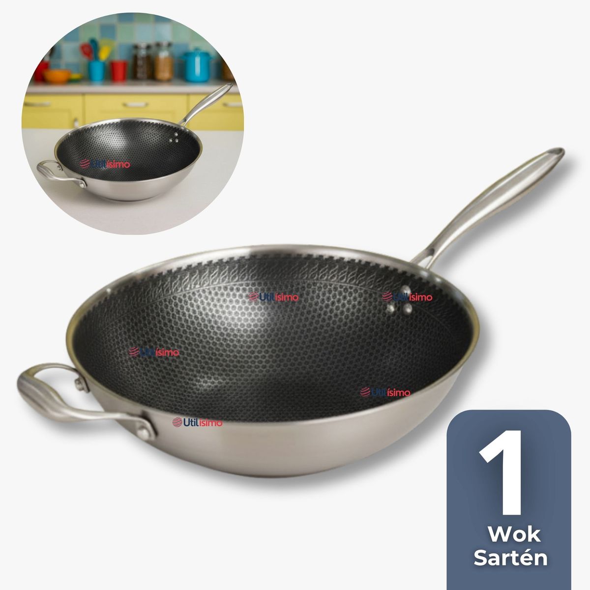 LINE - Sartén Wok Acero Inoxidable Antiadherente Para Saltear Freír 34cm