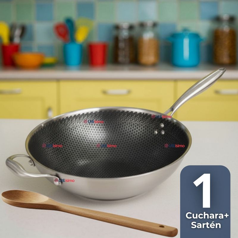 LINE - Sartén Wok Acero Inox Antiadherente 34cm +Cuchara de Madera Bambú