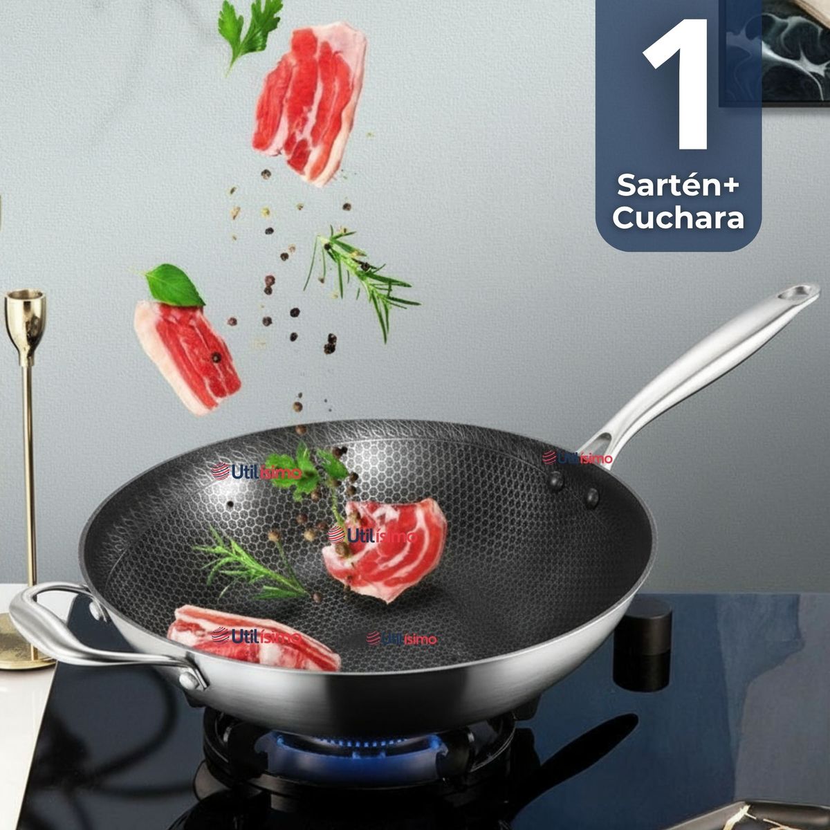 LINE - Sartén Wok Acero Inox Antiadherente 34cm +Cuchara de Madera Bambú