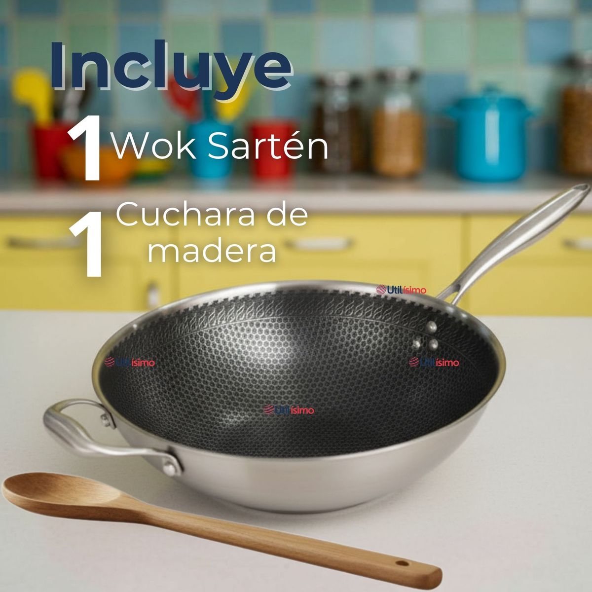 LINE - Sartén Wok Acero Inox Antiadherente 34cm +Cuchara de Madera Bambú
