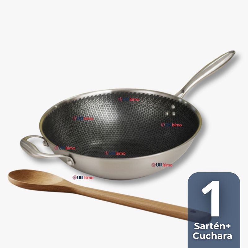 LINE - Sartén Wok Acero Inox Antiadherente 34cm +Cuchara de Madera Bambú