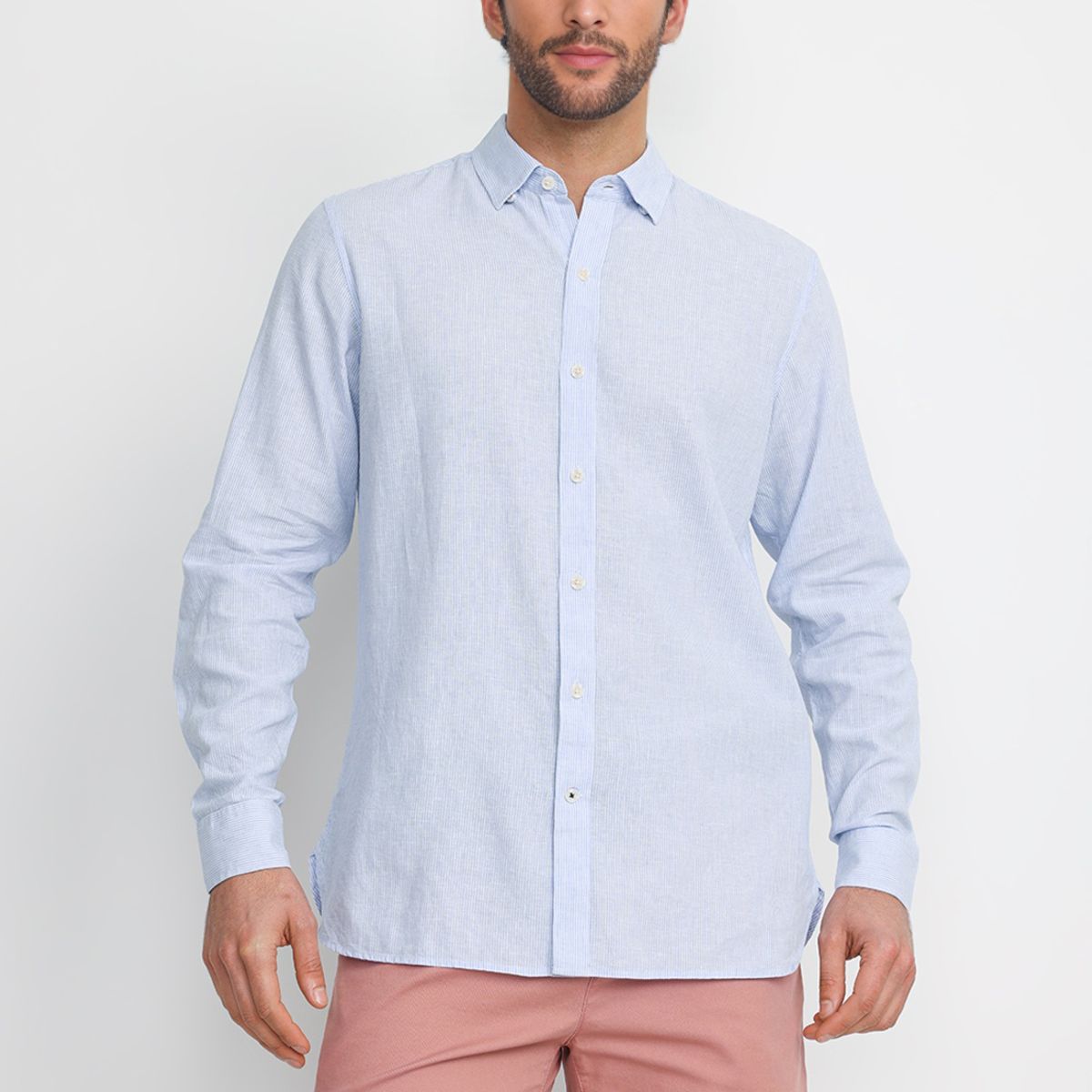 TRIAL - Camisa Rayada Lino Algodón Bruno Celeste