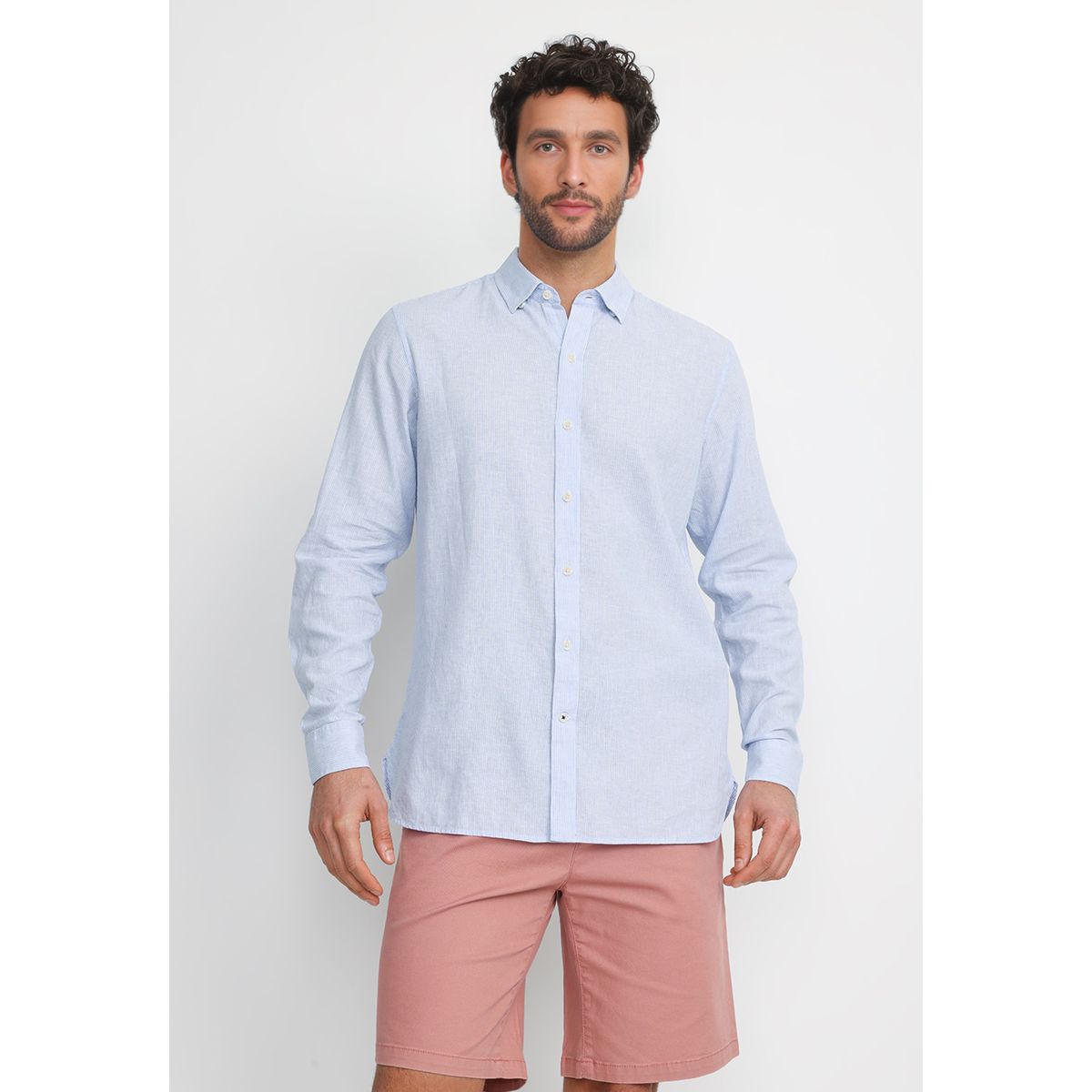 TRIAL - Camisa Rayada Lino Algodón Bruno Celeste