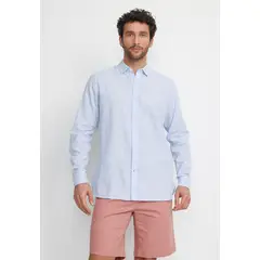 TRIAL - Camisa Rayada Lino Algodón Bruno Celeste