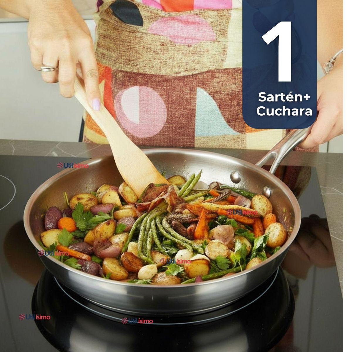 LINE - Sartén Acero Inoxidable Antiadherente 28cm +Cuchara de Madera de Bambú