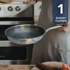 LINE - Sartén Acero Inoxidable Antiadherente 28cm +Cuchara de Madera de Bambú