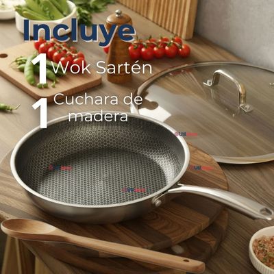 Imagen 2 del producto Sartén Acero Inoxidable Antiadherente 28cm +Cuchara de Madera de Bambú