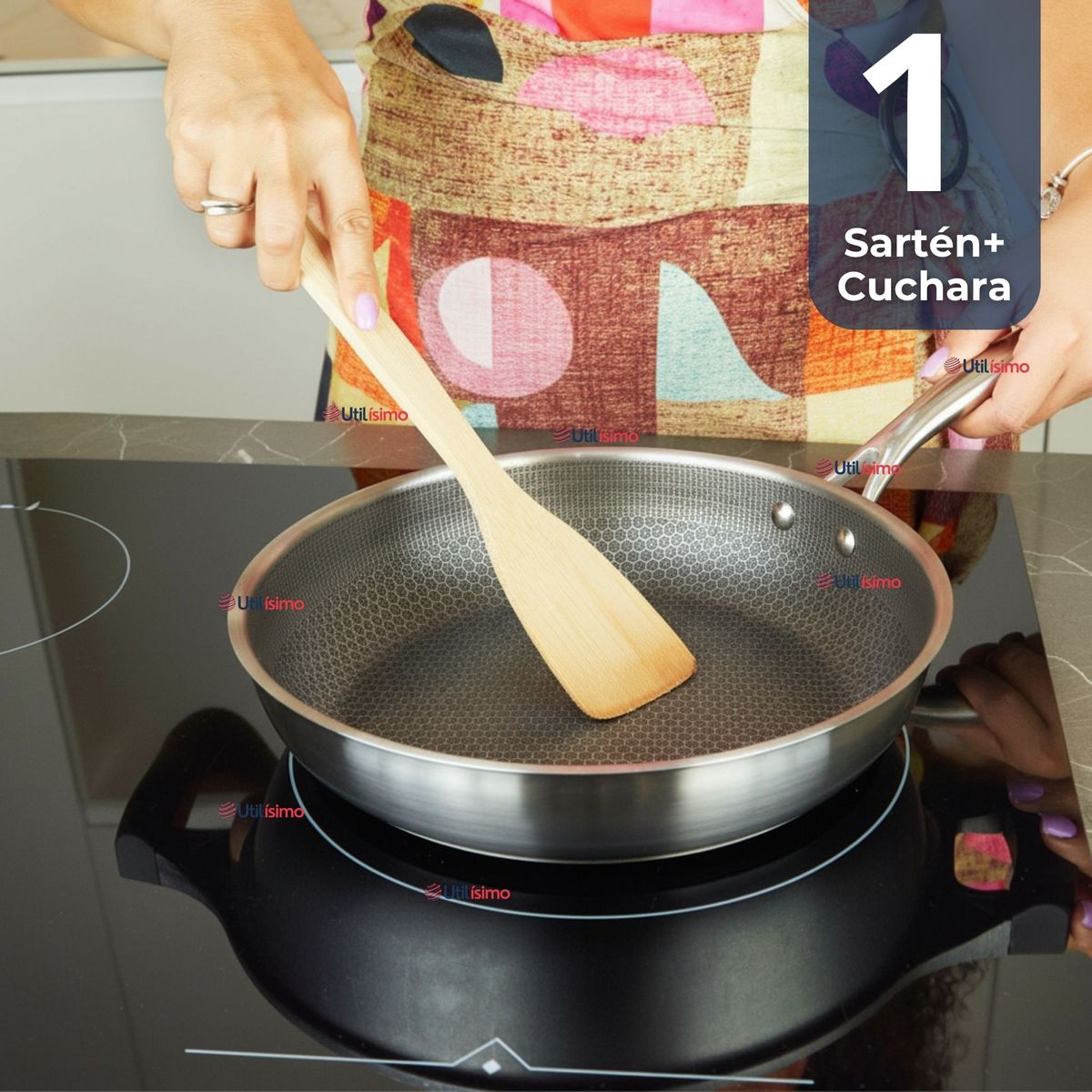 LINE - Sartén Acero Inoxidable Antiadherente 24cm +Cuchara de Madera de Bambú