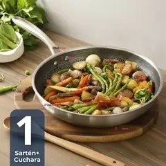 LINE - Sartén Acero Inoxidable Antiadherente 24cm +Cuchara de Madera de Bambú