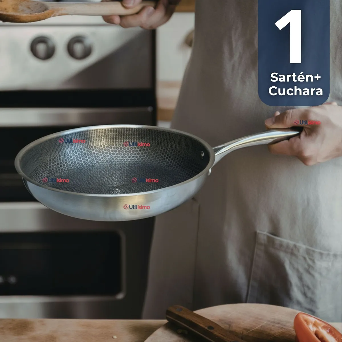 LINE - Sartén Acero Inoxidable Antiadherente 24cm +Cuchara de Madera de Bambú