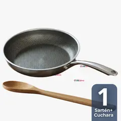 LINE - Sartén Acero Inoxidable Antiadherente 24cm +Cuchara de Madera de Bambú