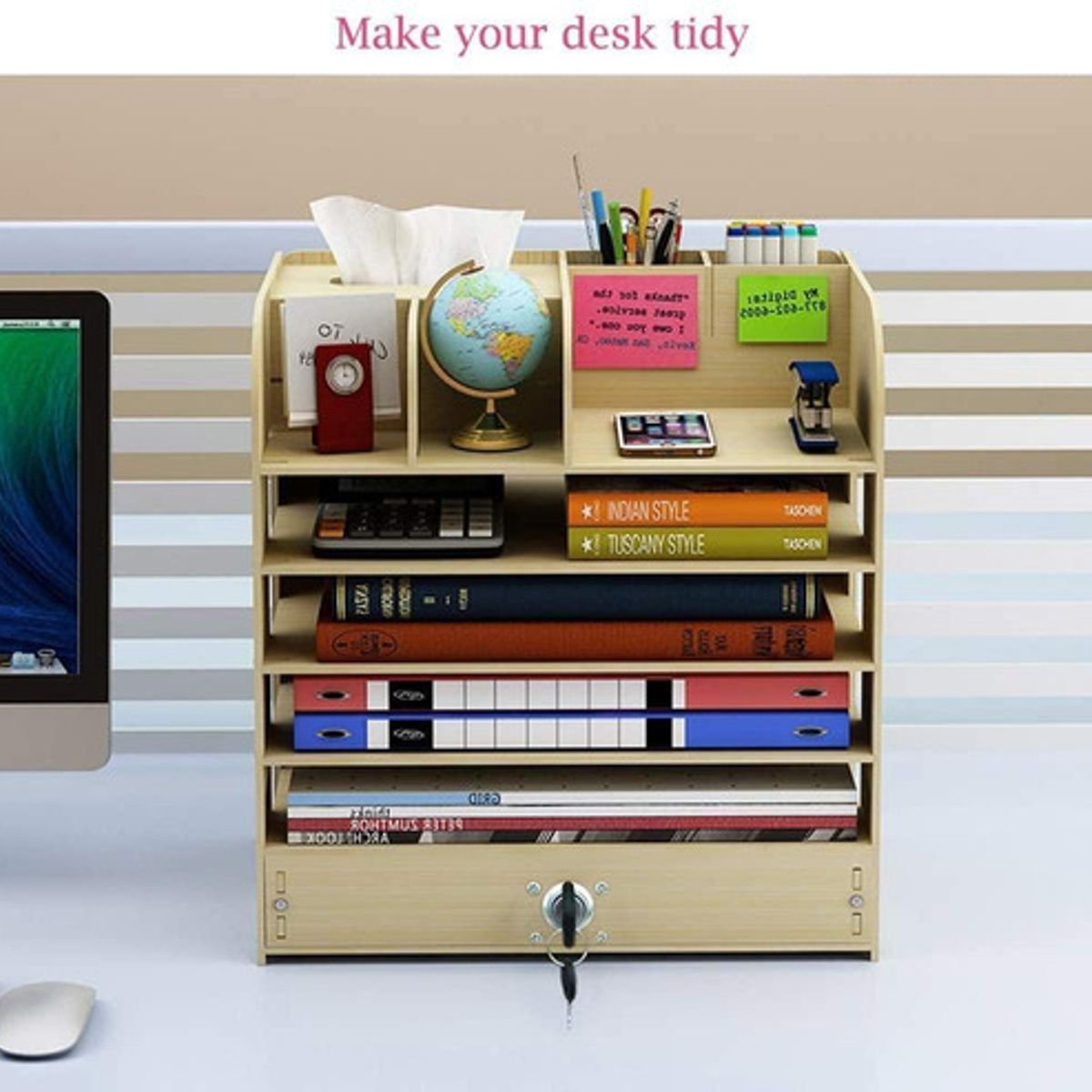 SOHOGAR - Organizador de escritorio multiuso de madera beige