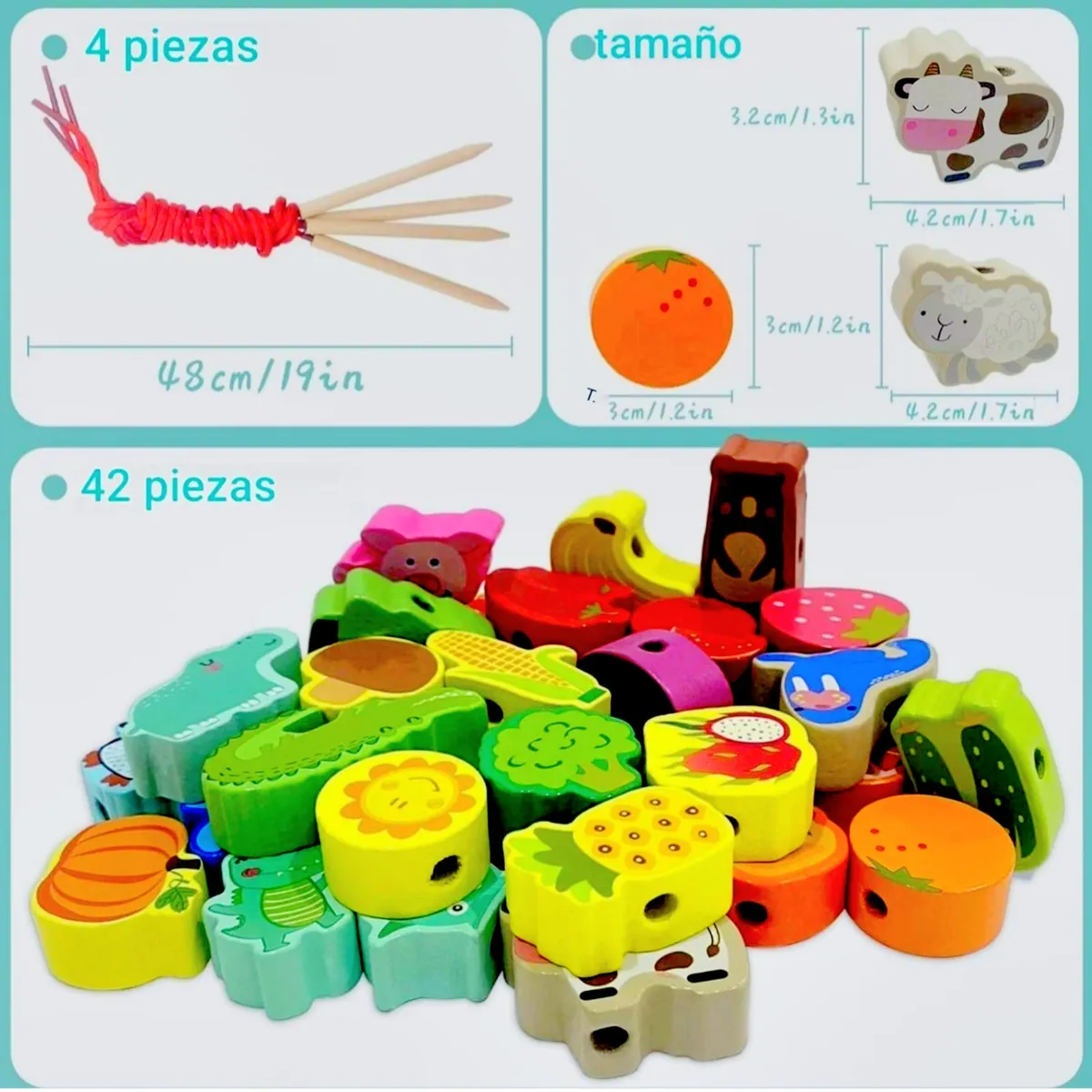 GENERICO - Juego Montessori  Enhebrados Futas, Animales, Frutas
