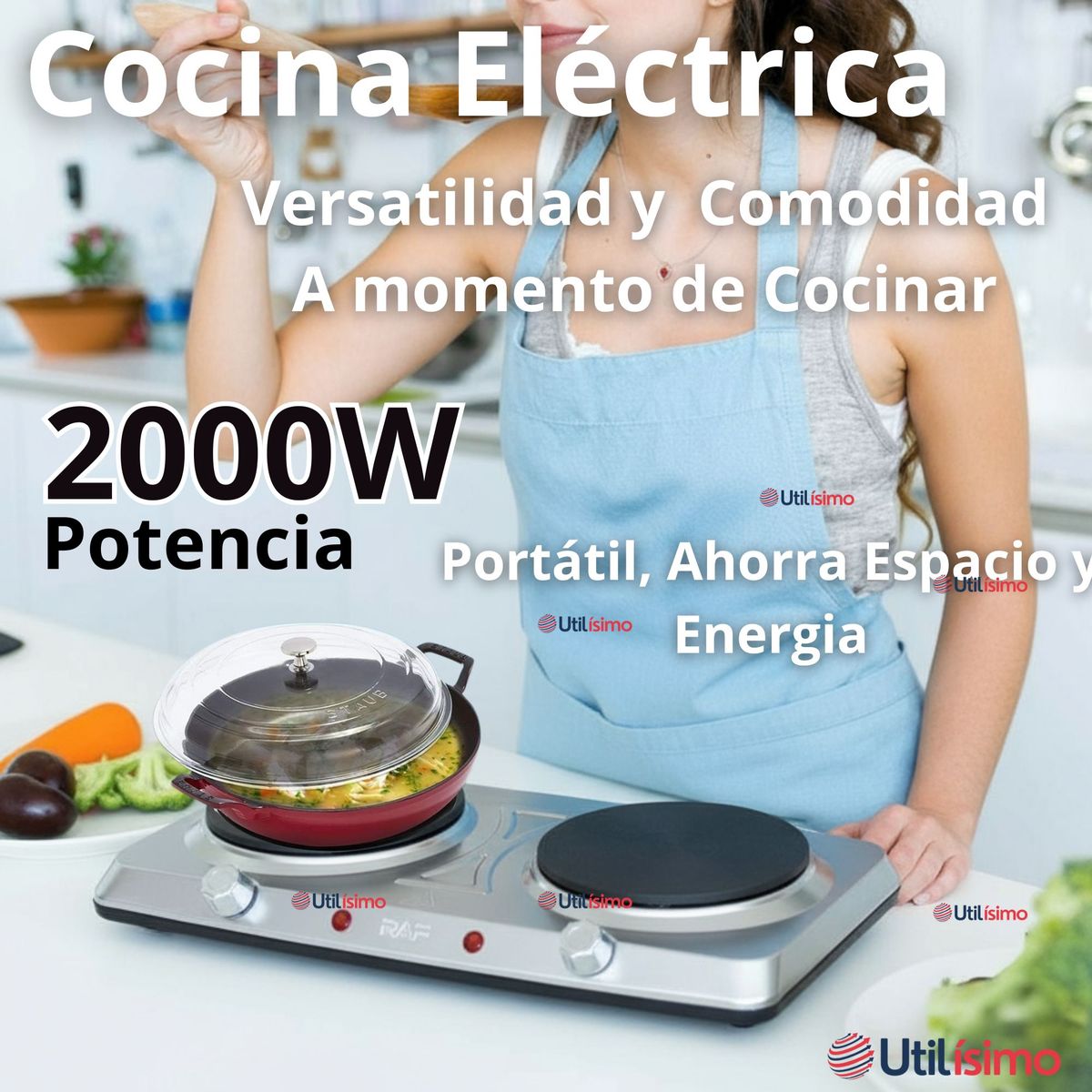 RAF - Cocina Eléctrica Portátil 2 Platos 2000W de Potencia Acero Inoxidable