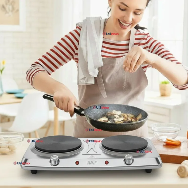 RAF - Cocina Eléctrica Portátil 2 Platos 2000W de Potencia Acero Inoxidable