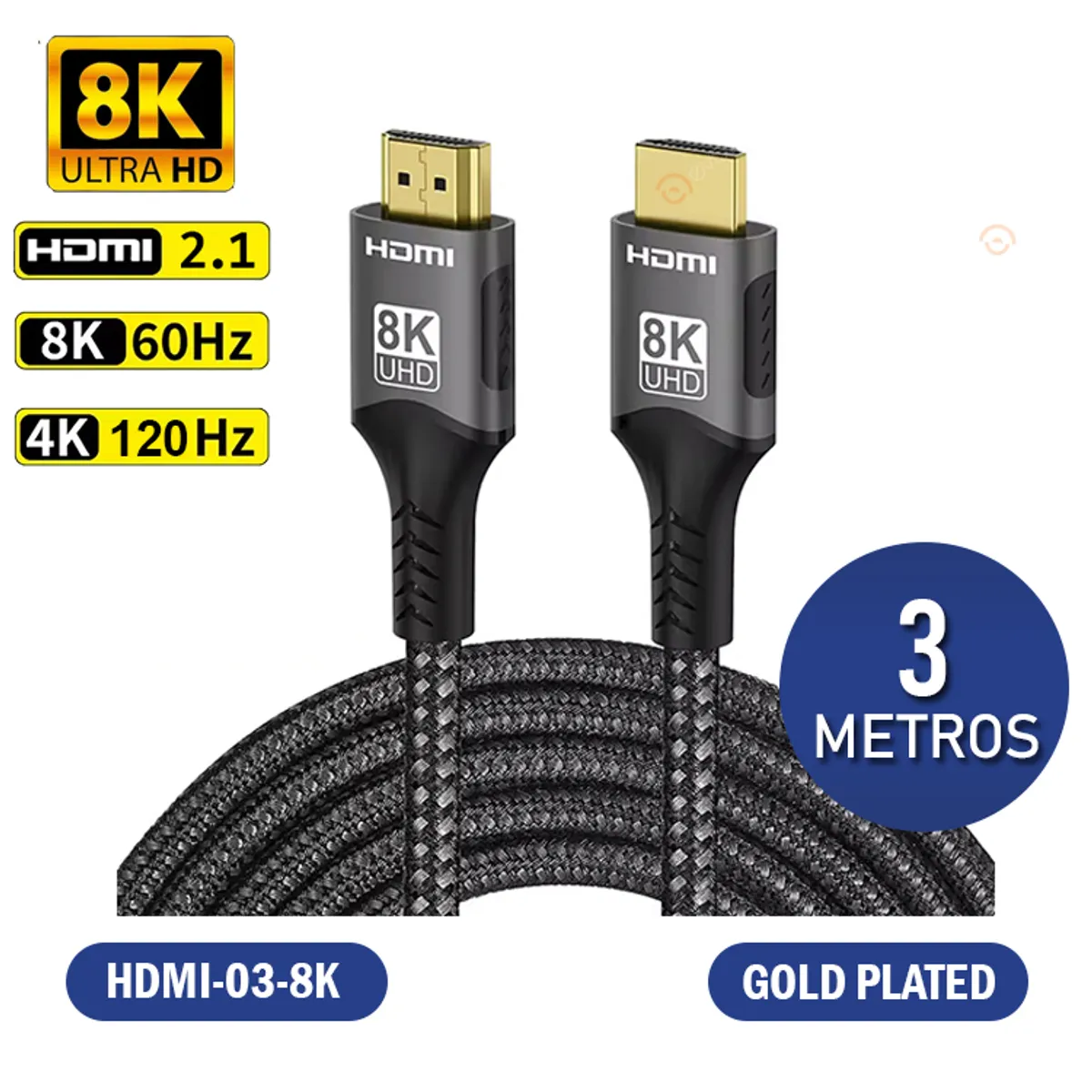 GENERICO - Cable HDMI 2.1  8K de alta velocidad 48Gbps hasta 120hz, 3 metros