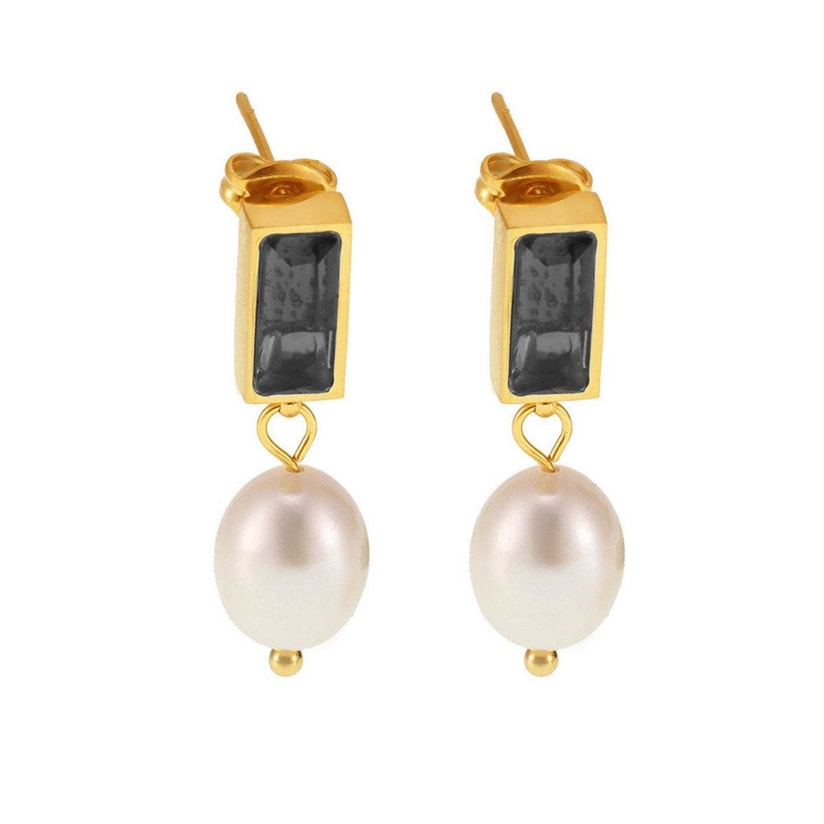 LUX JOYAS - Aros Baño Oro Amarillo 18k Aros Rect Perla Río Ónix