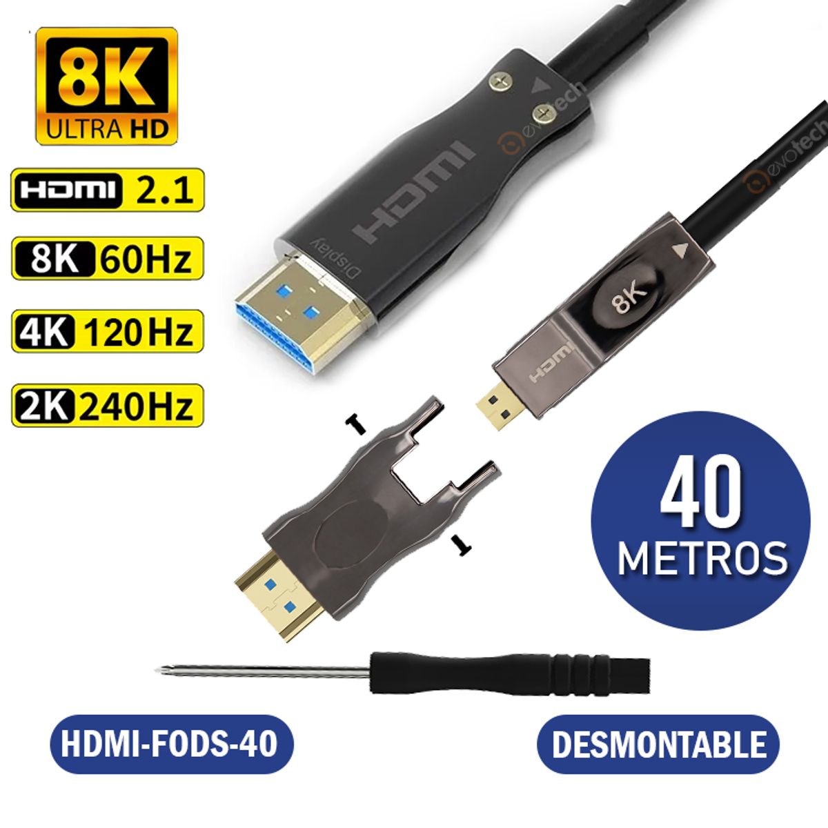 GENERICO - CABLE HDMI 2.1 FIBRA OPTICA 40 METROS 48Gbps 8K@60Hz, CONECTOR DESMONTABLE