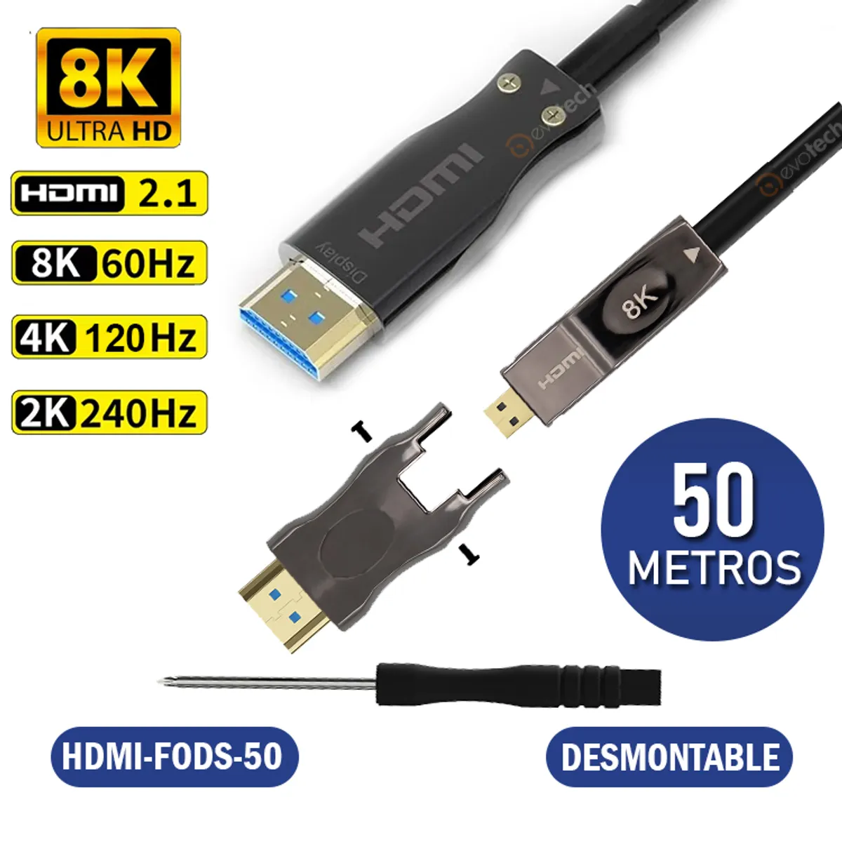 CABLE HDMI 2.1 FIBRA OPTICA 50 METROS 48Gbps 8K@60Hz, CONECTOR DESMONTABLE, marca GENERICO - Foto 2