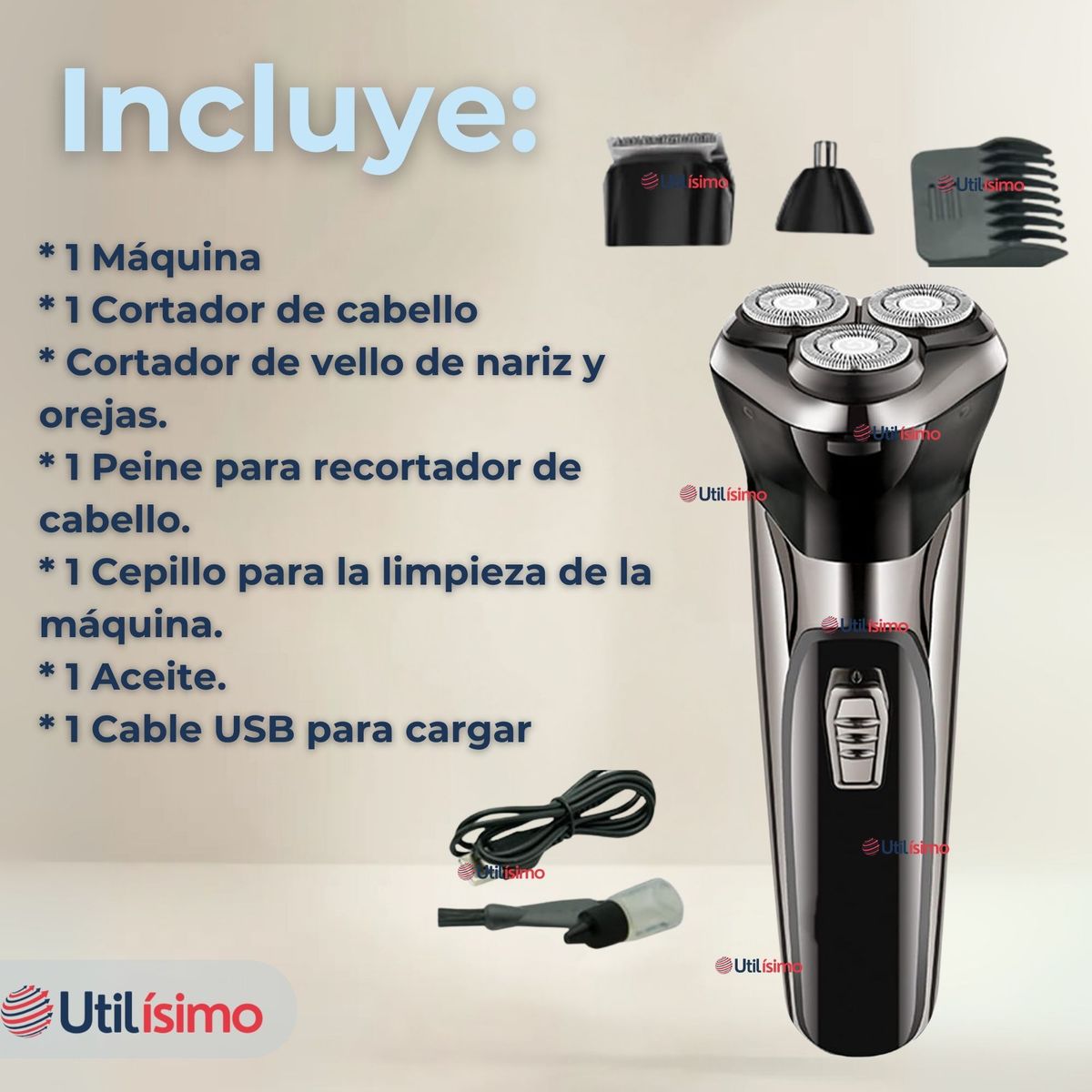 NEW LINE - Máquina de Afeitar 3 en 1 Recargable Inalámbrica USB Color Plateada