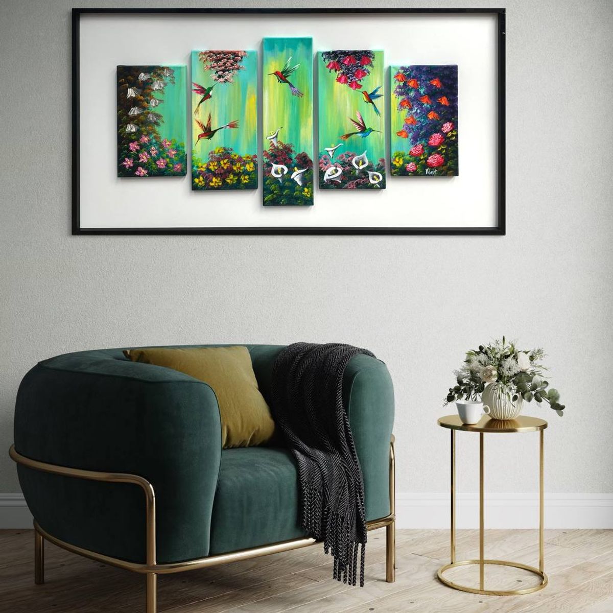 DEKAM DISEÑO - Cuadro Danza de Colibríes Arte en Secuencia  Pintado 146x76 cms