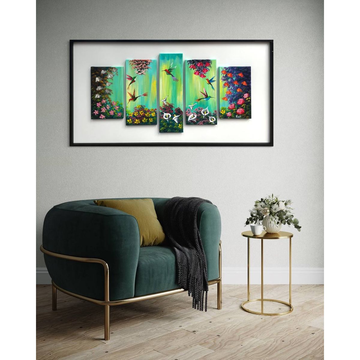 DEKAM DISEÑO - Cuadro Danza de Colibríes Arte en Secuencia  Pintado 146x76 cms