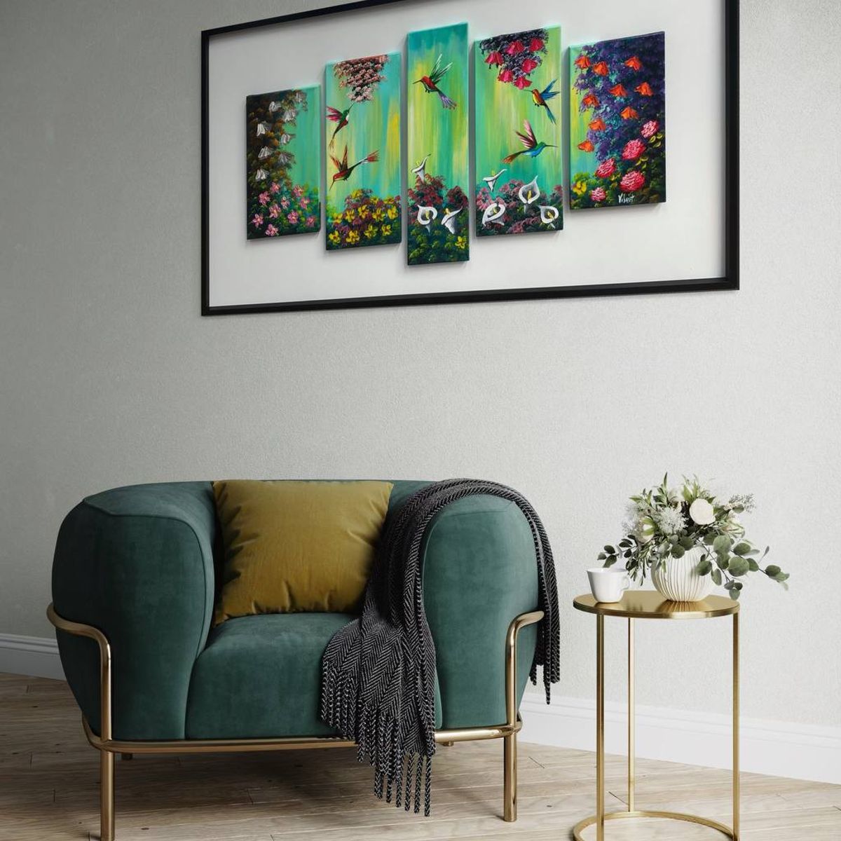 DEKAM DISEÑO - Cuadro Danza de Colibríes Arte en Secuencia  Pintado 146x76 cms