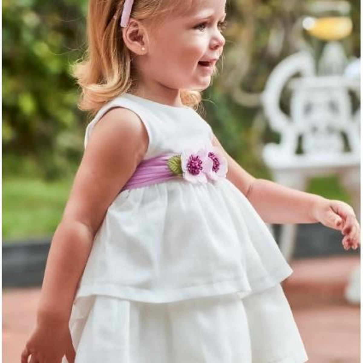MAYORAL - Vestido con fajin simulado floral a la cintura para bebe niña