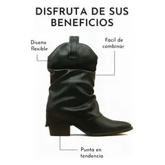 BOVINITA - Bota Mujer Texana Slouchy Negra Punta Fina Taco Ancho Caña Media