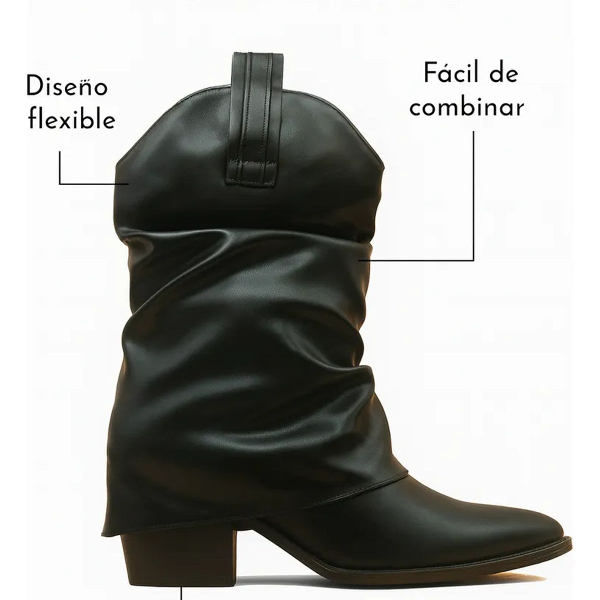 BOVINITA - Bota Mujer Texana Slouchy Negra Punta Fina Taco Ancho Caña Media