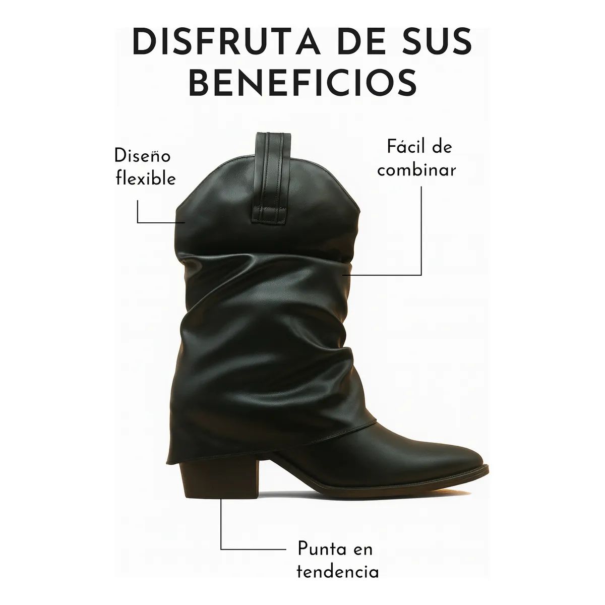 BOVINITA - Bota Mujer Texana Slouchy Negra Punta Fina Taco Ancho Caña Media
