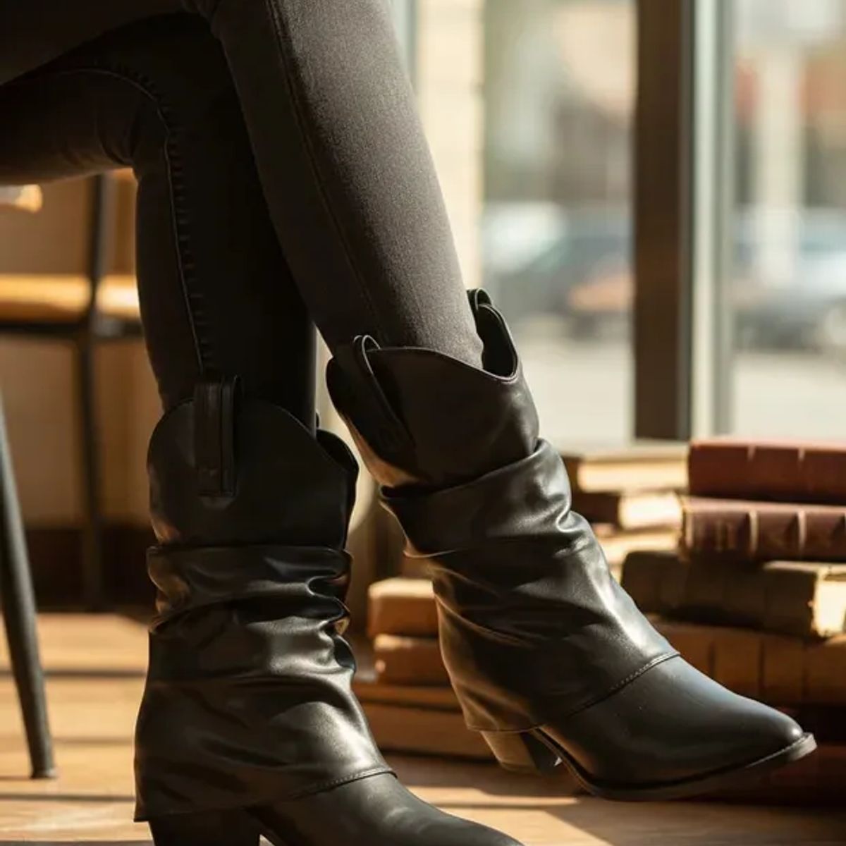 BOVINITA - Bota Mujer Texana Slouchy Negra Punta Fina Taco Ancho Caña Media