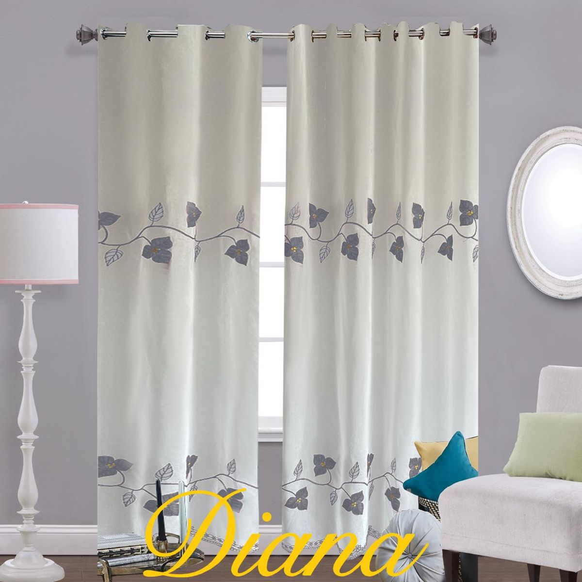 DIANA - CORTINA VISILLO TRANSLUCIDO BORDADO DISEÑO HOJA GRIS 2 PAÑOS 140X240CM