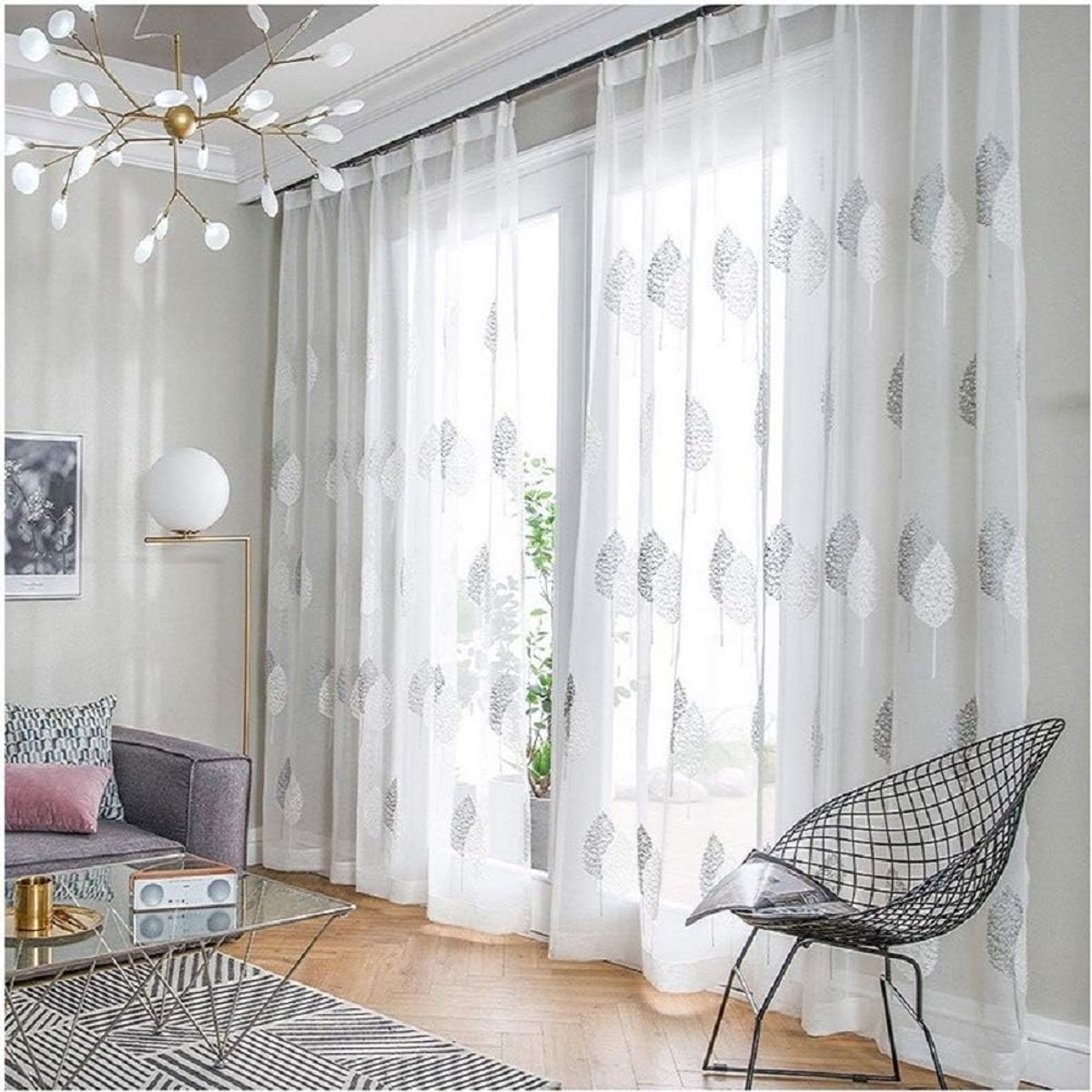 DIANA - CORTINA VISILLO TRANSLUCIDO BORDADO HOJA DUOCOLOR 2 PAÑOS 140X240CM