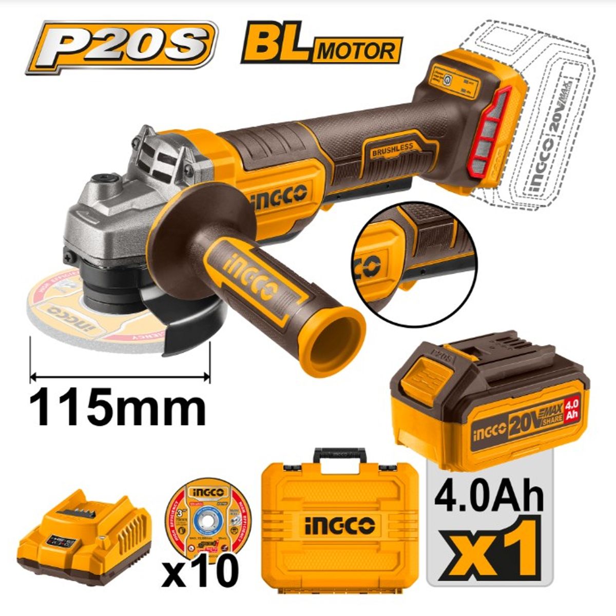 INGCO - Esmeril Galletera Inalambrico 20v 115mm Ingco Bat + Carg Cagli2111561