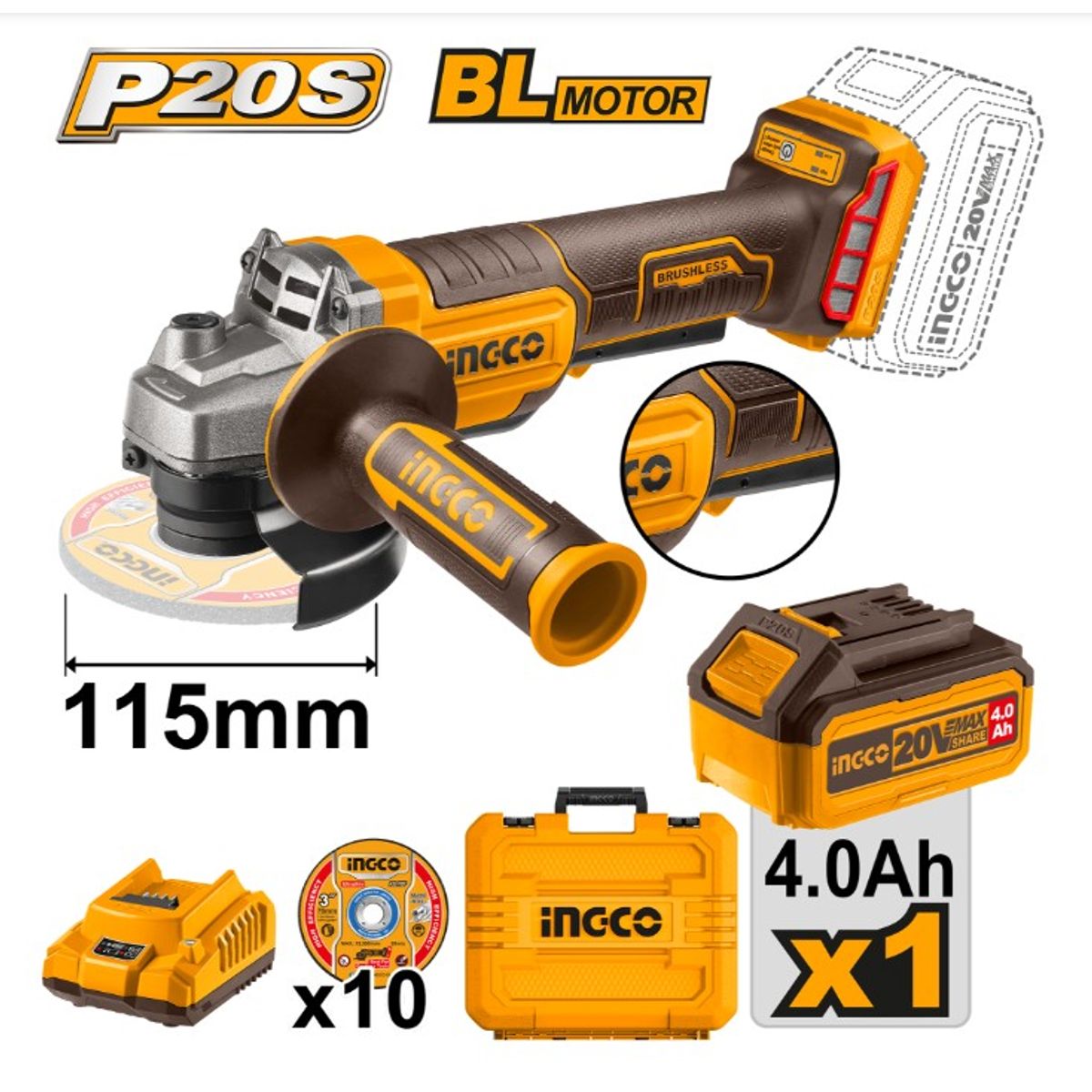 INGCO - Esmeril Galletera Inalambrico 20v 115mm Ingco Bat + Carg Cagli2111561