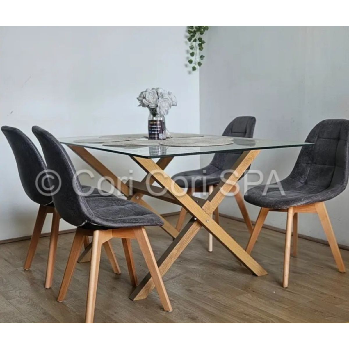 CORI CORI - Comedor Medlock 140x90cm + 4 Sillas Capitonne Ecocuero Vintage