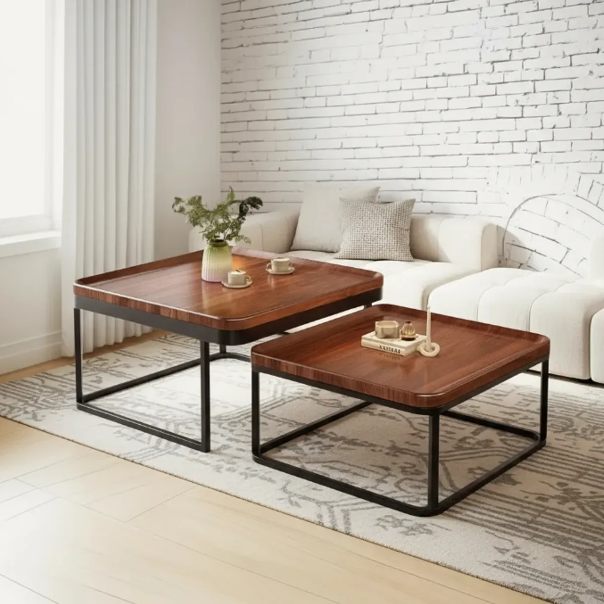 GENERICO - Mesa Auxiliar De Centro Doble Cuadrada Color Marrón