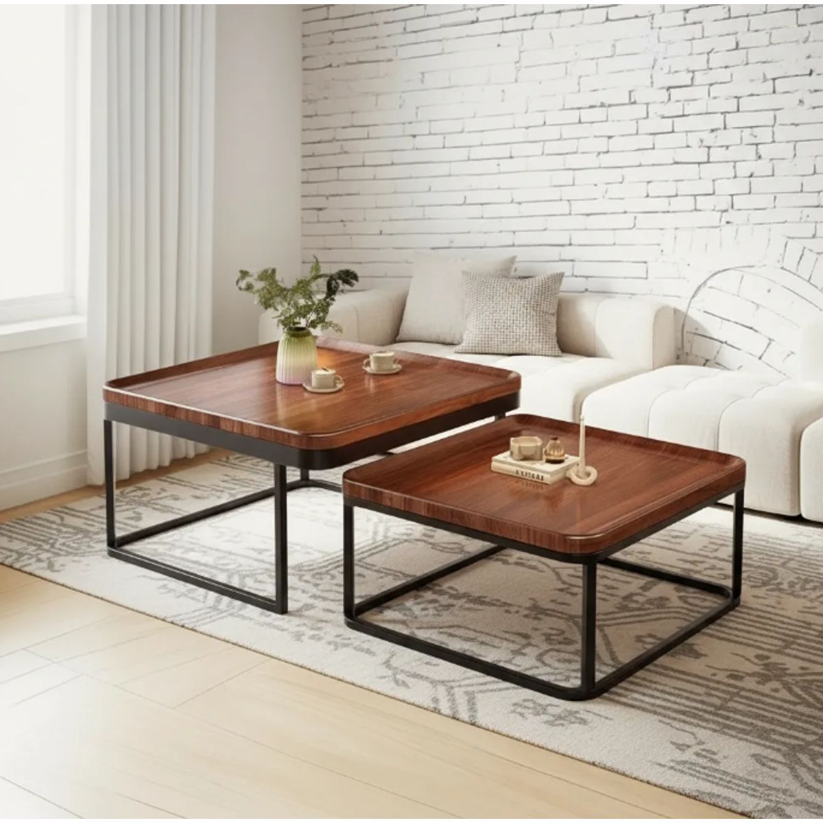 GENERICO - Mesa Auxiliar De Centro Doble Cuadrada Color Marrón